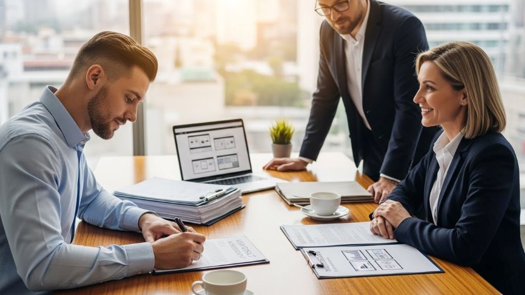 Professional contract signing process for web design project agreement