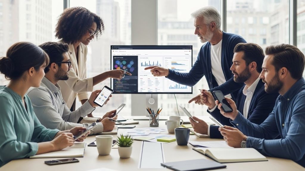 Diverse team collaborating on social media content strategy with smartphones and tablets