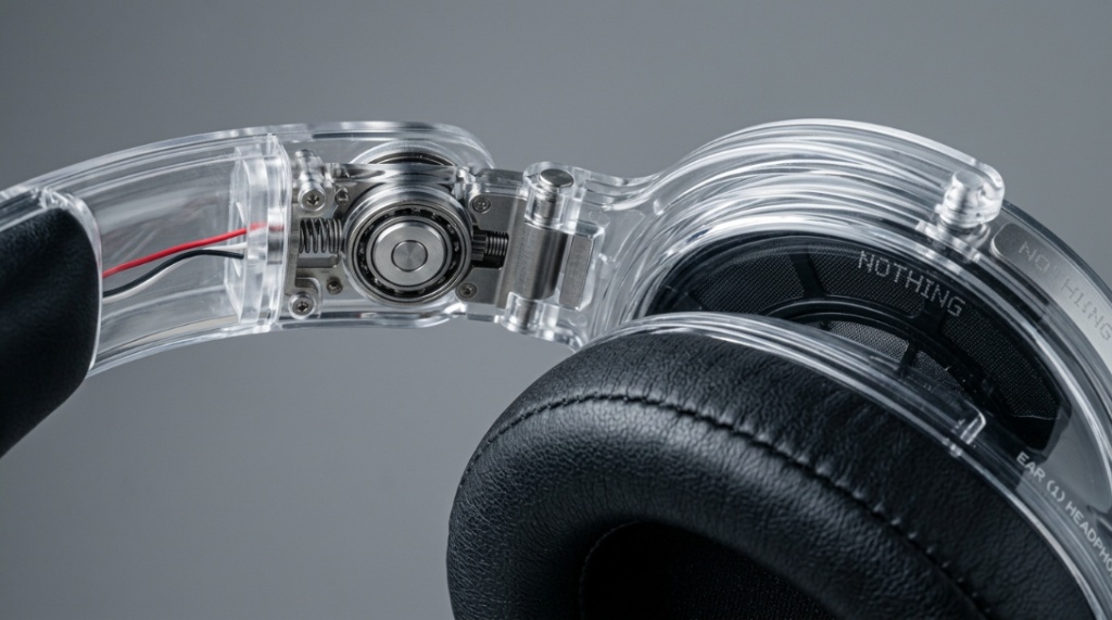 Close up view of the durable hinge on Nothing headphones.