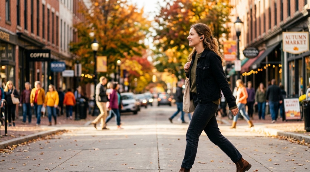 Person wearing wireless earbuds while walking on a sunny city street.