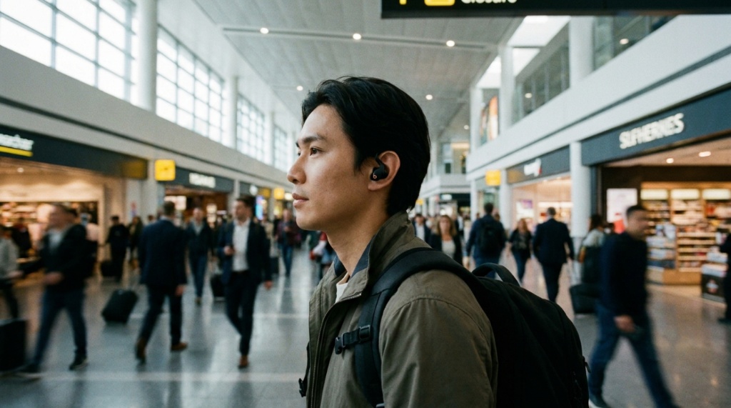 A person wearing wireless Beats earbuds while walking through a crowded airport terminal.