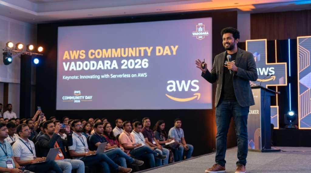 Speaker presenting at AWS Community Day Vadodara 2026 session