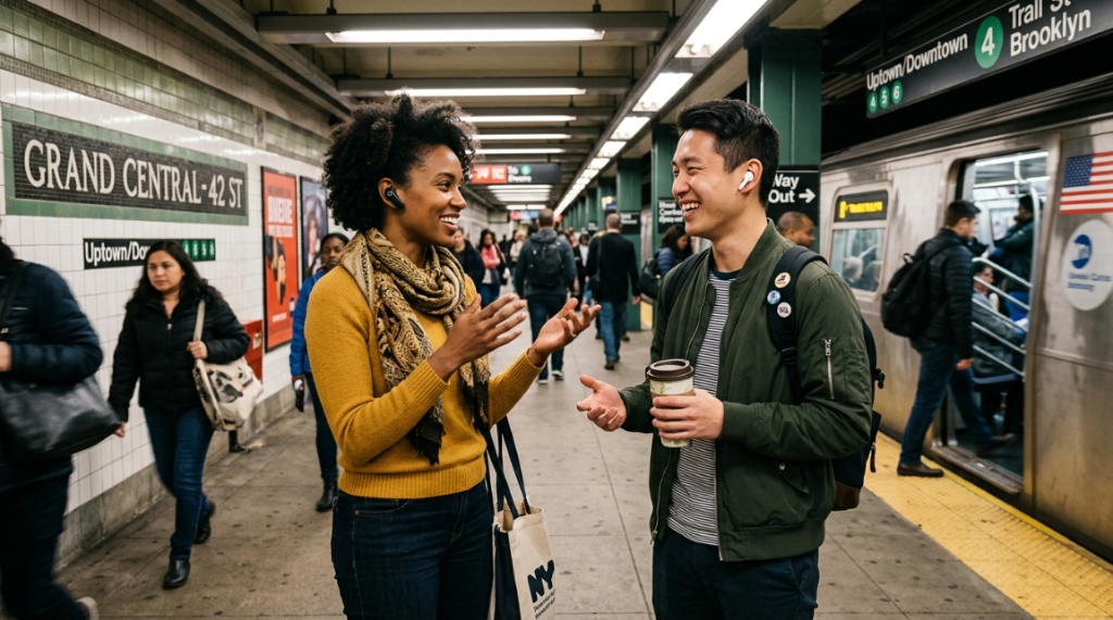 Two people chatting on a New York subway platform using earbuds