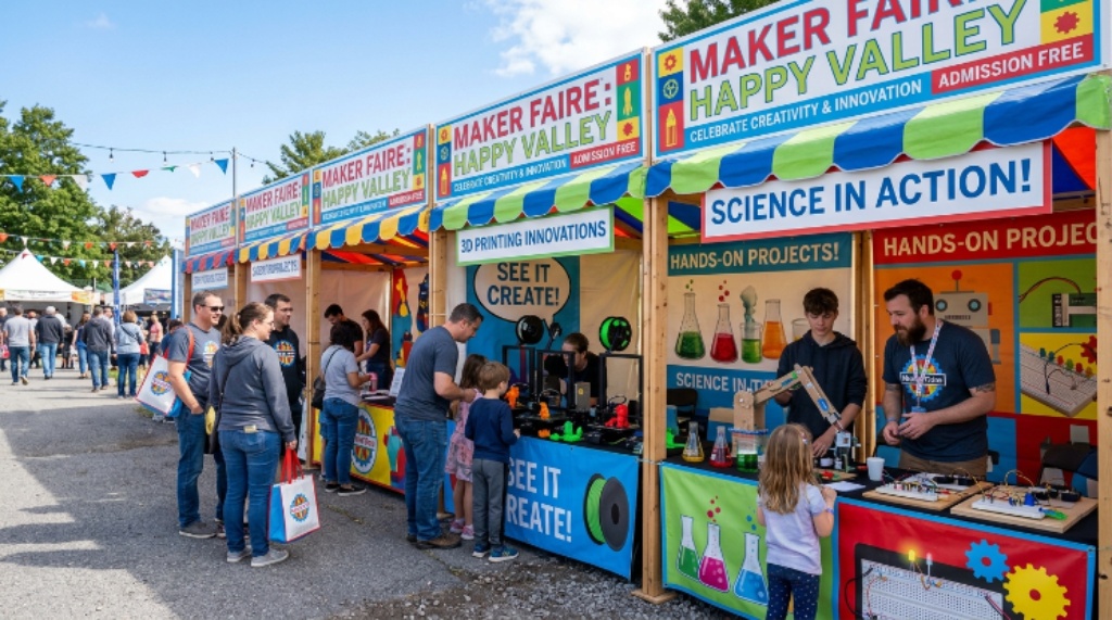 Colorful exhibitor booths featuring 3D printing and science projects at Maker Faire Happy Valley outdoor festival