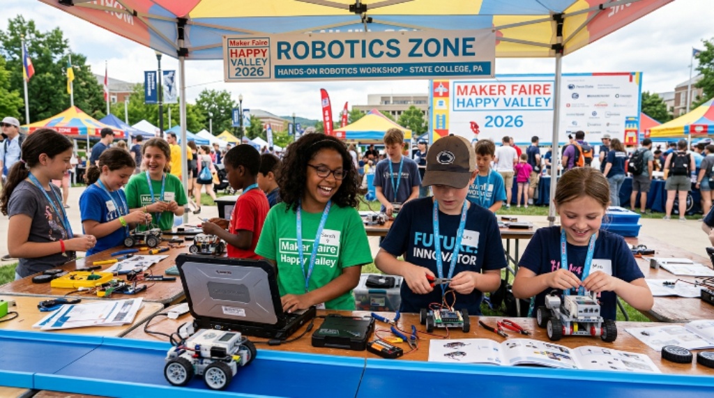 Kids participating in a hands-on robotics workshop at Maker Faire Happy Valley 2026 in State College Pennsylvania