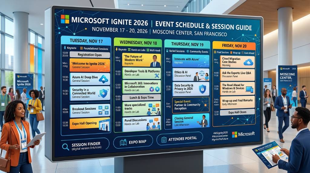 Microsoft Ignite 2026 event schedule and session guide showing dates November 17 to 20 at Moscone Center
