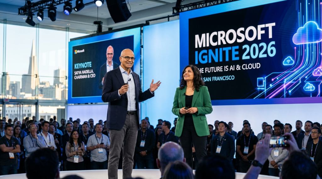 Satya Nadella and Microsoft executive speakers presenting at Microsoft Ignite 2026 keynote stage in San Francisco