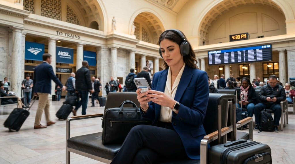 Professional wearing wireless noise-canceling headphones at Chicago Union Station.